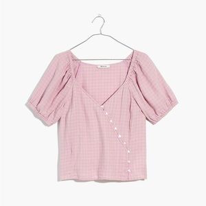 Linen-Blend Puff-Sleeve Button-Wrap Top in Plaid